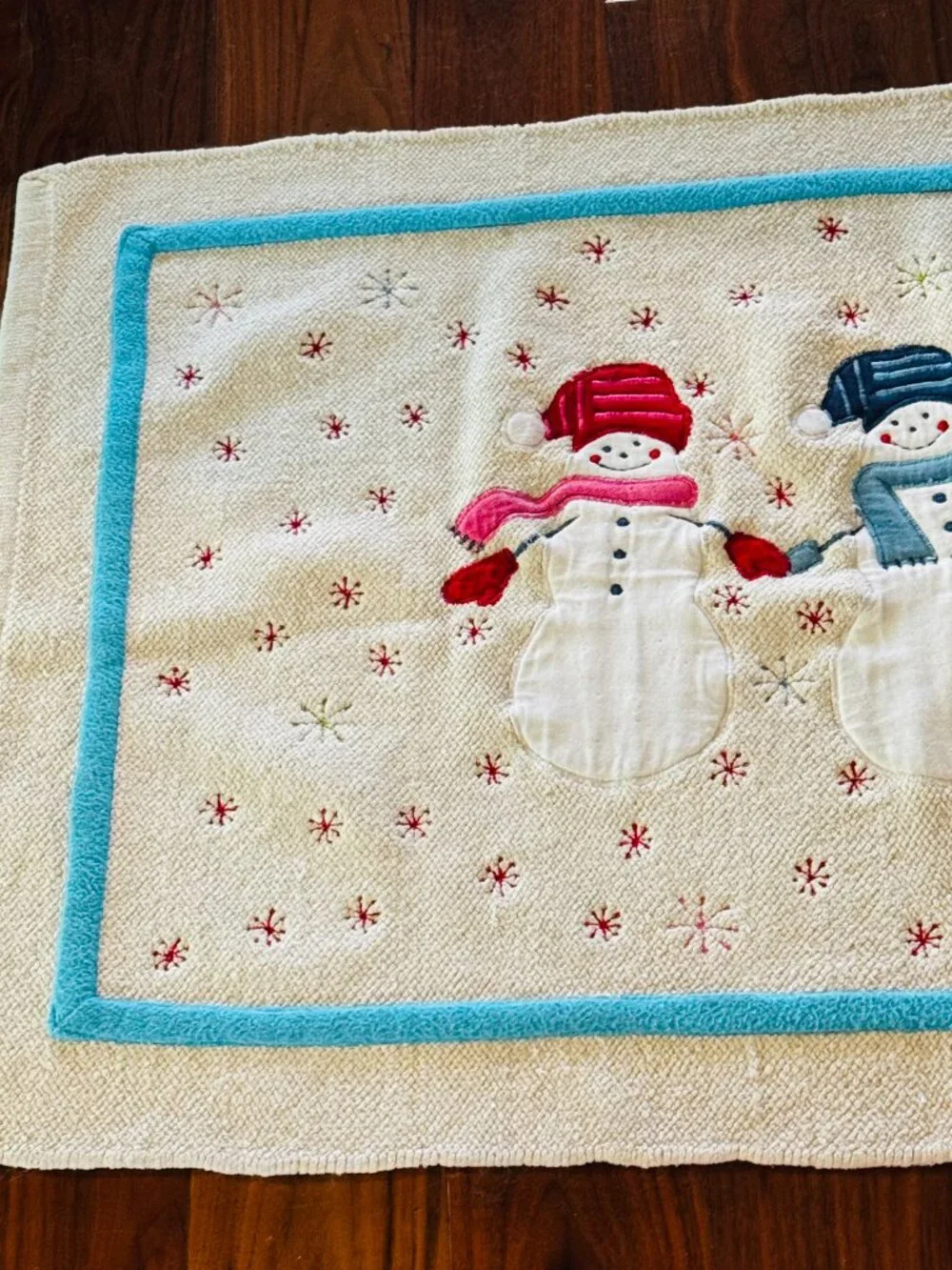 Christmas Bath Mat Embroidery Snowman Cotton Holiday Decor Wish for Joy India